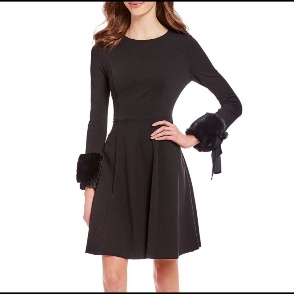 Calvin Klein Faux-Fur-Cuff Fit & Flare Dress